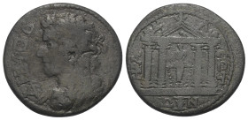 Karien. Herakleia Salbake. Pseudo-autonome Prägungen.

 Bronze. Ca. 180 - 218 n. Chr.
Vs: Drapierte Büste des Demos mit Diadem links.
Rs: Viersäul...