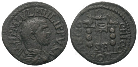 Pisidien. Antiochia. Philippus I. Arabs (244 - 249 n. Chr.).

 Bronze.
Vs: Büste mit Lorbeerkranz, Paludament und Panzer rechts.
Rs: Vexillum mit ...