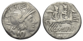 M. Iunius Silanus.

 Denar (Silber). 145 v. Chr. Rom.
Vs: SARAN. Kopf der Roma mit geflügeltem Helm rechts, davor Wertzeichen, dahinter Eselkopf li...