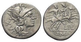 L. Iulius.

 Denar (Silber). 141 v. Chr. Rom.
Vs: Kopf der Roma mit geflügeltem Helm rechts, dahinter XVI.
Rs: L IVLI / ROMA. Die Dioscuren mit ei...