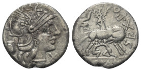 Sex. Pompeius Faustulus.

 Denar. 137 v. Chr. Rom.
Vs: Kopf der Roma mit geflügeltem Helm rechts, dahinter Krug, davor X.
Rs: SEX PO FOSTLVS / ROM...