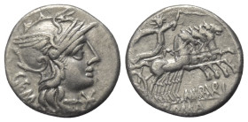 C. Aburius Geminus.

 Denar (Silber). 134 v. Chr. Rom.
Vs: GEM. Kopf der Roma mit geflügeltem Helm rechts, davor Wertzeichen.
Rs: C ABVRI / ROMA. ...