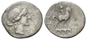 Mn. Aemilius Lepidus.

 Denar (Silber). 114 oder 113 v. Chr. Rom.
Vs: ROMA. Drapierter Frauenkopf (Roma?) mit Lorbeerkranz und Diadem rechts. Links...