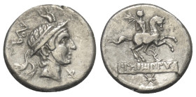 L. Philippus.

 Denar (Silber). 113 oder 112 v. Chr. Rom.
Vs: Kopf des Königs Philipps V. von Makedonien mit makedonischem Königshelm und Diadem re...