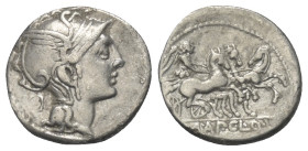 Appius Claudius Pulcher mit T. Manlius Mancinus und Q. Urbinius.

 Denar (Silber). 111 oder 110 v. Chr. Rom.
Vs: Kopf der Roma mit geflügeltem Helm...