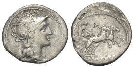 C. Claudius Pulcher.

 Denar (Silber). 110 oder 109 v. Chr. Rom.
Vs: Kopf der Roma mit geflügeltem Greifenkopfhelm rechts.
Rs: C PVLCHER. Victoria...