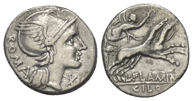 L. Flaminius Chilo.

 Denar (Silber). 109 oder 108 v. Chr. Rom.
Vs: ROMA. Kop...