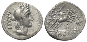 C. Fabius Hadrianus.

 Denar (Silber). 102 v. Chr. Rom.
Vs: EX A PV. Drapierte und verschleierte Büste der Cybele mit Mauerkrone rechts.
Rs: C FAB...