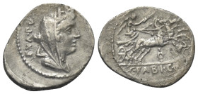 C. Fabius Hadrianus.

 Denar (Silber). 102 v. Chr. Rom.
Vs: EX A PV. Drapierte und verschleierte Büste der Cybele mit Mauerkrone rechts.
Rs: C FAB...