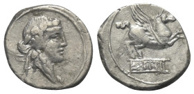 Q. Titius.

 Denar (Silber). 90 v. Chr. Rom.
Vs: Kopf des Bacchus (Liber) mit Efeukranz rechts.
Rs: Pegasus nach rechts springend, darunter Basis ...