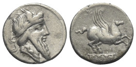 Q. Titius.

 Denar (Silber). 90 v. Chr. Rom.
Vs: Bärtiger Kopf mit geflügeltem Diadem rechts.
Rs: Pegasus nach rechts springend, darunter Basis mi...