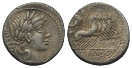 C. Vibius Pansa.

 Denar (Silber). 90 v. Chr. Rom.
Vs: PANSA. Kopf des Apollo mit Lorbeerkranz rechts, davor Kontrollmarke.
Rs: C VIBIVS C F. Mine...