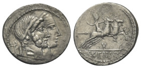 C. Censorinus.

 Denar (Silber). 88 v. Chr. Rom.
Vs: Gestaffelte Köpfe von Numa Pompilius mit Bart und Ancus Marcius.
Rs: Kunstreiter (Desultor) m...