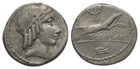 C. Censorinus.

 Denar (Silber). 88 v. Chr. Rom.
Vs: Kopf des Apollo rechts.
Rs: C CENSORI. Pferd im Galopp, darüber und darunter Kontrollzeichen....