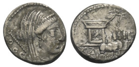 L. Rubrius Dossenus.

 Denar (Silber). 87 v. Chr. Rom.
Vs: DOS. Kopf der Juno mit Diadem und Schleier sowie Szepter über Schulter nach rechts.
Rs:...