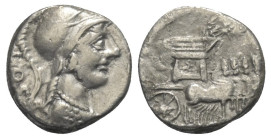 L. Rubrius Dossenus.

 Denar (Silber). 87 v. Chr. Rom.
Vs: DOS. Büste der Minerva mit Helm und Aegis rechts.
Rs: L RVBRI. Triumphalquadriga nach r...
