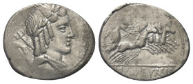 L. Iulius Bursio.

 Denar (Silber). 85 v. Chr. Rom.
Vs: Drapierte Büste des Apollo Veiovis mit Flügel, Lorbeerkranz und Dreizack rechts, dahinter B...