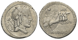 L. Iulius Bursio.

 Denar (Silber). 85 v. Chr. Rom.
Vs: Drapierte Büste des Apollo Veiovis mit Flügel, Lorbeerkranz und Dreizack rechts, dahinter B...