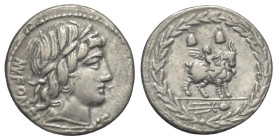 Mn. Fonteius.

 Denar (Silber). 85 v. Chr. Rom.
Vs: MN FONTEI C F. Kopf des Apollo mit Lorbeerkranz rechts, darunter Blitzbündel.
Rs: Cupido auf Z...