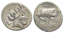 P. Fovrius Crassipes.

 Denar (Silber). 84 v. Chr. Rom.
Vs: AED CVR. Kopf der Cybele mit Mauerkrone rechts. Dahinter Fuß abwärts.
Rs: Kurulischer ...