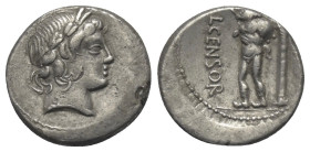 L. Censorinus.

 Denar (Silber). 82 v. Chr. Rom.
Vs: Kopf des Apollo mit Lorbeerkranz rechts.
Rs: L CENSOR. Marsyas mit erhobener Rechter und gesc...