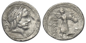 L. Procilius.

 Denar (Silber). 80 v. Chr. Rom.
Vs: Kopf des Jupiter mit Lorbeerkranz rechts, dahinter S C.
Rs: L PROCILI / F. Juno Sospita mit Sp...