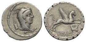 L. Papius.

 Denar (Silber). 79 v. Chr. Rom.
Vs: Kopf der Juno Sospita mit Ziegenfellkappe rechts, dahinter Beizeichen.
Rs: L PAPI. Greif nach rec...