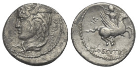 L. Cossutius C. F. Sabula.

 Denar (Silber). 74 v. Chr. Rom.
Vs: SABVLA. Kopf der Medusa links.
Rs: L COSSVTI C F. Bellerophon mit Szepter auf Peg...