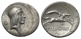 C. Calpurnius Piso Frugi.

 Denar (Silber). 67 v. Chr. Rom.
Vs: Kopf des Apollo mit Lorbeerkranz rechts.
Rs: C PISO L F FRV. Reiter mit Palmzweig ...