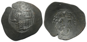 Isaak II. Angelus (1185 - 1195 n. Chr.).

 Aspron Trachy (Billon). Constantinopolis.
Vs: Jungfrau Maria en face thronend, auf ihrem Schoß Büste des...