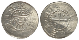 Jever - Herzoglich-Billungische Prägestätte. Hermann (1059 - 1086).

 Denar (Silber).
Vs: + HDvEMON (Dv = R). Gekrönter Kopf frontal .
Rs: + GEHED...