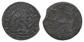 Walachei - Fürstentum. Mihail Radu III. Mihnea (1658 -1659).

 Schilling (Kupfer). 1658.
Vs: Gekröntes Hüftbild im Harnisch mit Szepter nach rechts...