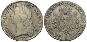 Frankreich. Königreich. Ludwig XV. (1715 - 1774).

 Ecu au bandeau (Silber). 1769. Bayonne.
Vs: Kopf links.
Rs: Bekröntes Wappen eingefaßt von Oli...