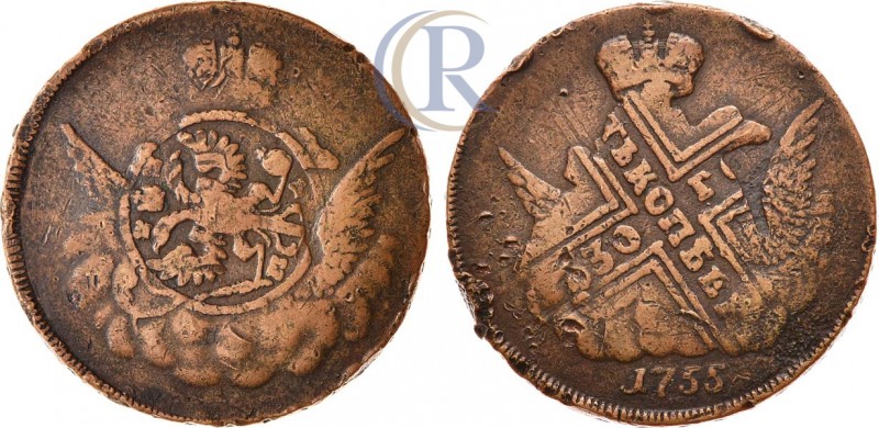 Russia. 1 копейка 1755 Без букв Медь, 18,07 г. Екатеринбургский монетный двор. П...