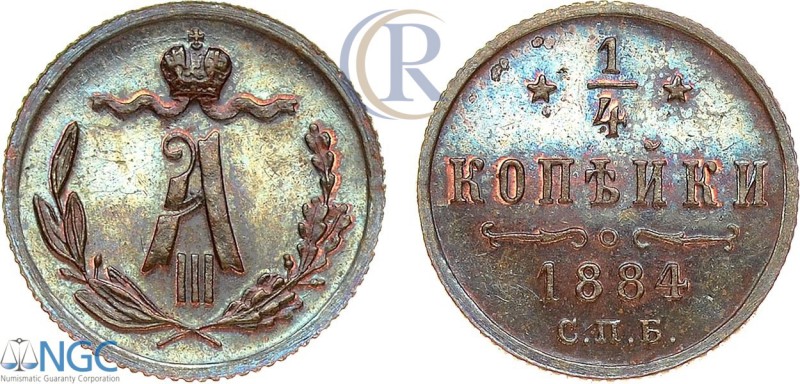 Russia. 1/4 копейки 1884 СПБ. NGC PF 66 BN Медь. Уздеников 3819. Биткин 207 (R1)...