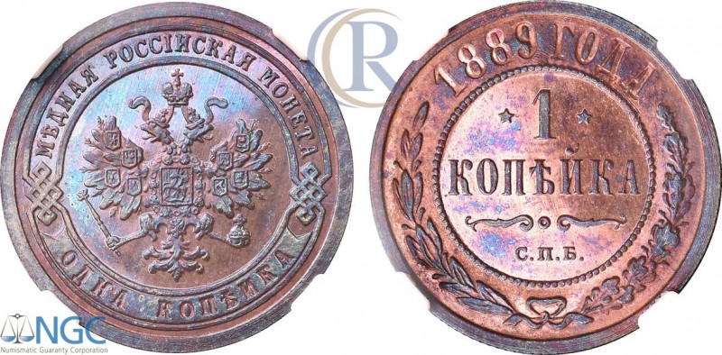 Russia. 1 копейка 1889 СПБ. NGC PF 66 RB Медь. Уздеников 3837. Биткин 185. Казак...