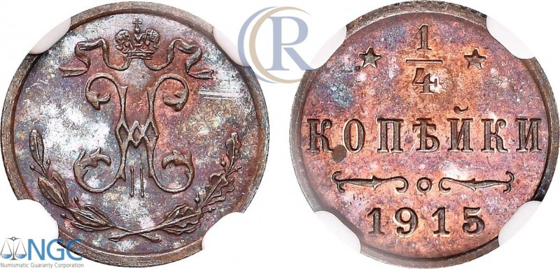 Russia. 1/4 копейки 1915. NGC PF 65 BN Медь. Петроградский монетный двор. Уздени...