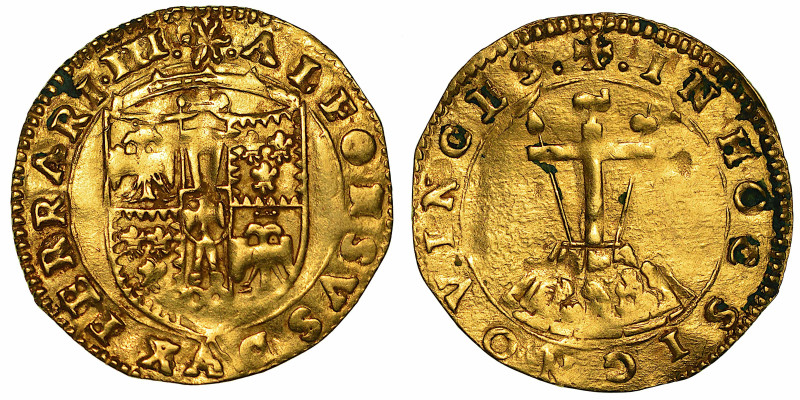 FERRARA. ALFONSO I D'ESTE, 1505-1534. Scudo d'oro.

Stemma. R/ Il monte Calvar...