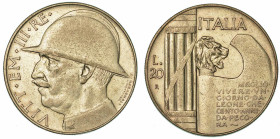 REGNO D'ITALIA. VITTORIO EMANUELE III DI SAVOIA, 1900-1946. 20 Lire 1928/A. VI. Elmetto.