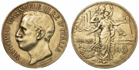 REGNO D'ITALIA. VITTORIO EMANUELE III DI SAVOIA, 1900-1946. 5 Lire 1911. Cinquantenario.