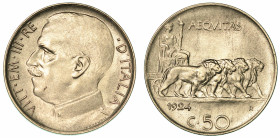 REGNO D'ITALIA. VITTORIO EMANUELE III DI SAVOIA, 1900-1946. 50 Centesimi 1924. Leoni, bordo liscio.