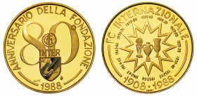 OTTANTESIMO ANNIVERSARIO DELLA FONDAZIONE DELL'INTER (1908-1988). Medaglia ufficiale in oro 1988.