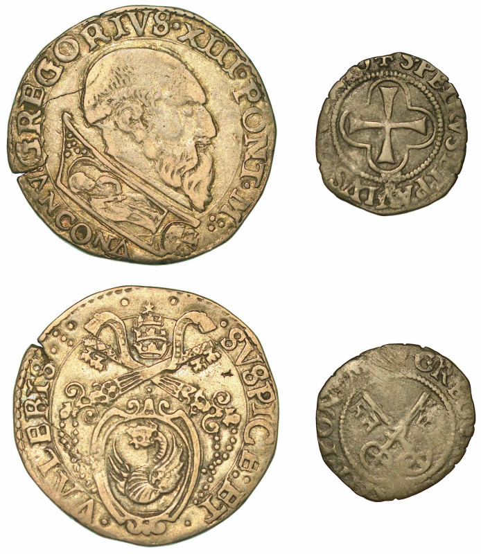 Lotto di due monete.

GREGORIO XIII (Ugo Boncompagni), 1572-1585. Testone. Bus...
