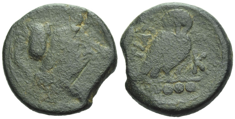 Apulia, Teate Quincux circa 225-200, Æ 29.00 mm., 18.66 g.
Helmeted head of Ath...