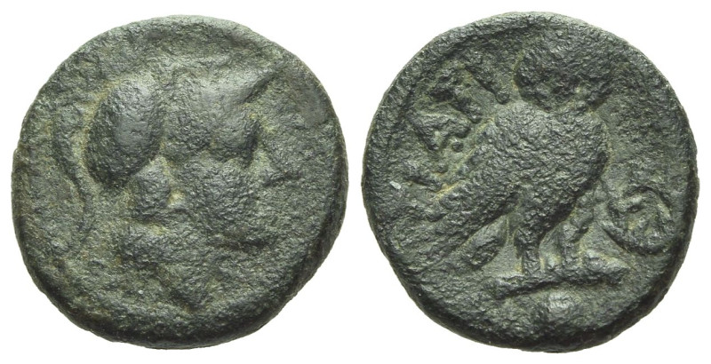 Apulia, Teate Uncia circa 225-200, Æ 15.00 mm., 2.74 g.
Helmeted head of Athena...