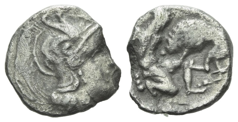 Calabria, Tarentum Diobol circa 380-325, AR 11.00 mm., 0.97 g.
Helmeted head of...