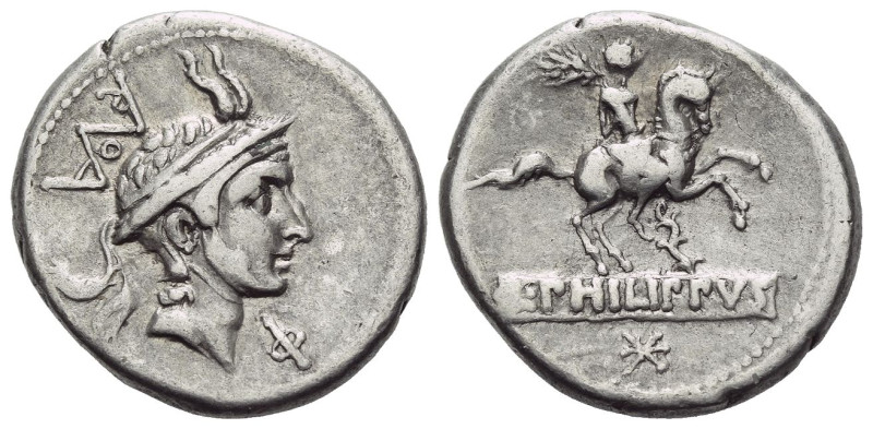 L. Marcius Philippus. Denarius 113 or 112, AR 18.70 mm., 3.94 g.
Male head r., ...