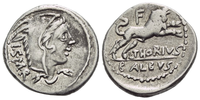 L. Thorius Balbus. Denarius circa 105, AR 19.00 mm., 3.88 g.
Head of Juno Sospi...