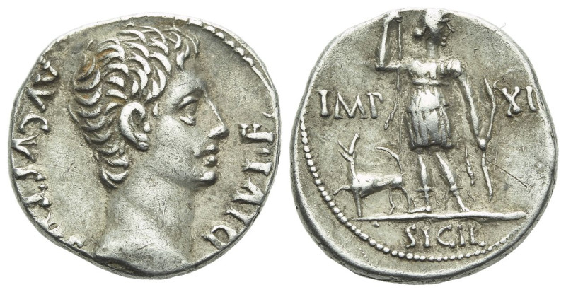 Octavian as Augustus, 27 BC – 14 AD Denarius Lugdunum circa 15, AR 18.00 mm., 3....