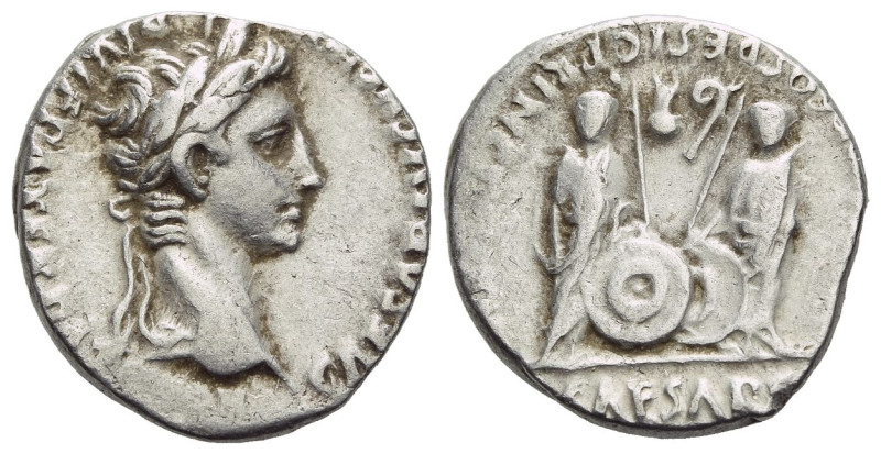 Octavian as Augustus, 27 BC – 14 AD Denarius Lugdunum 2 BC - 4 AD, AR 17.00 mm.,...